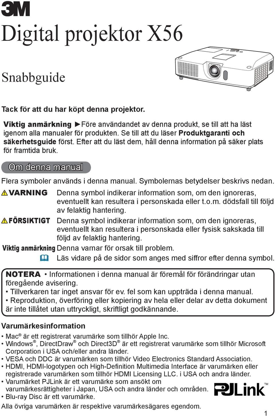 Symbolernas betydelser beskrivs nedan. VARNING Denna symbol indikerar information som, om den ignoreras, eventuellt kan resultera i personskada eller t.o.m. dödsfall till följd av felaktig hantering.