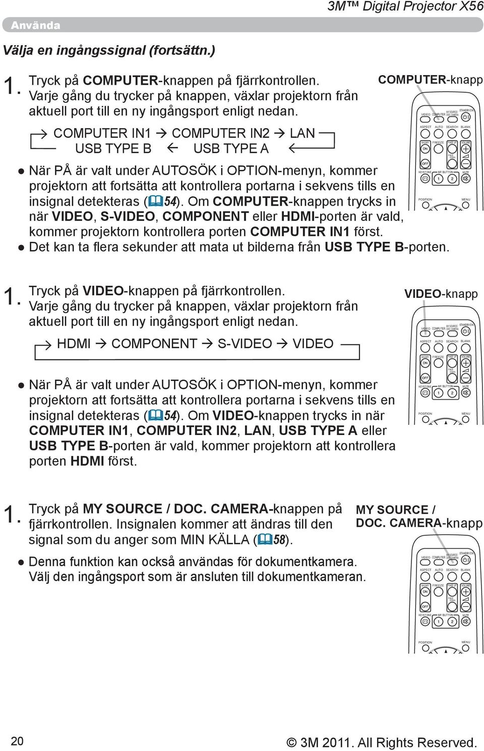 COMPUTER IN1 COMPUTER IN2 LAN USB TYPE B USB TYPE A COMPUTER-knapp KEYSTONE När PÅ är valt under AUTOSÖK i OPTION-menyn, kommer projektorn att fortsätta att kontrollera portarna i sekvens tills en