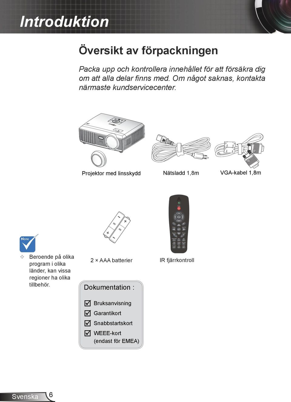 Projektor med linsskydd Nätsladd 1,8m VGA-kabel 1,8m Beroende på olika program i olika länder, kan vissa