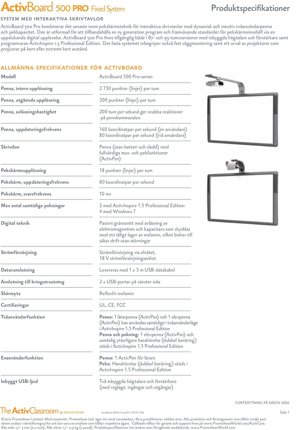 ActivBoard 500 Pro finns tillgänglig både i 87- och 95-tumsversioner med inbyggda högtalare och förstärkare samt programvaran ActivInspire 1.5 Professional Edition.