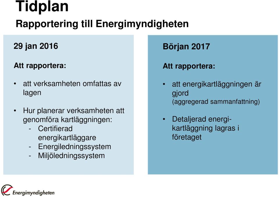 energikartläggare - Energiledningssystem - Miljöledningssystem Början 2017 Att rapportera: att