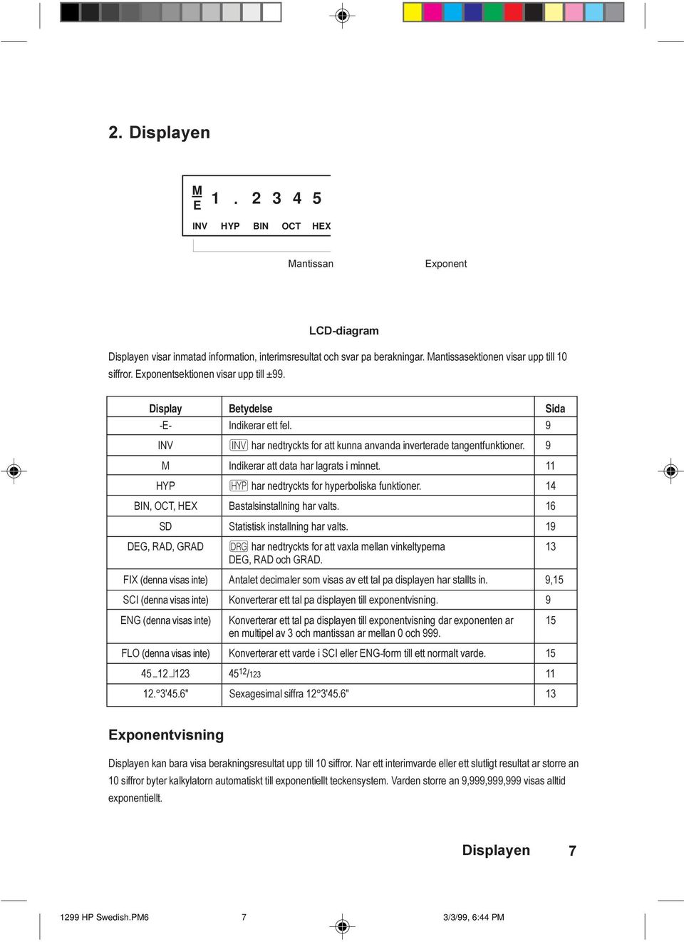 9 INV I har nedtryckts for att kunna anvanda inverterade tangentfunktioner. 9 M Indikerar att data har lagrats i minnet. 11 HYP ª har nedtryckts for hyperboliska funktioner.