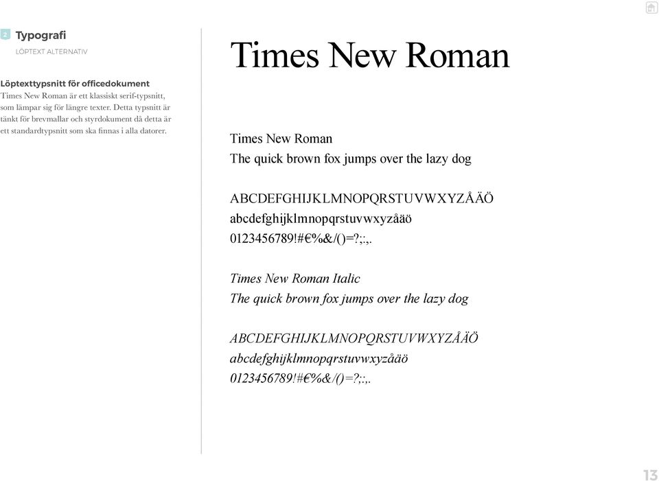 Times New Roman The quick brown fox jumps over the lazy dog ABCDEFGHIJKLMNOPQRSTUVWXYZÅÄÖ abcdefghijklmnopqrstuvwxyzåäö 0123456789!# %&/()=?;:,.