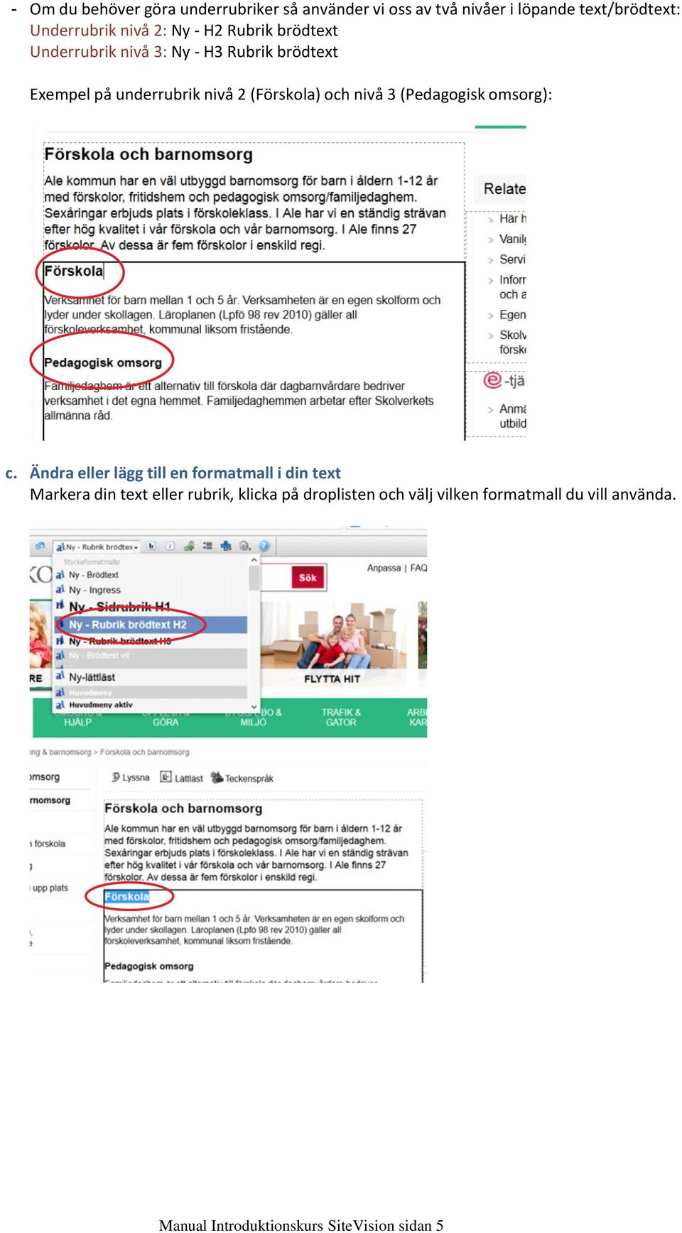 Exempel på underrubrik nivå 2 (Förskola) och nivå 3 (Pedagogisk omsorg): c.