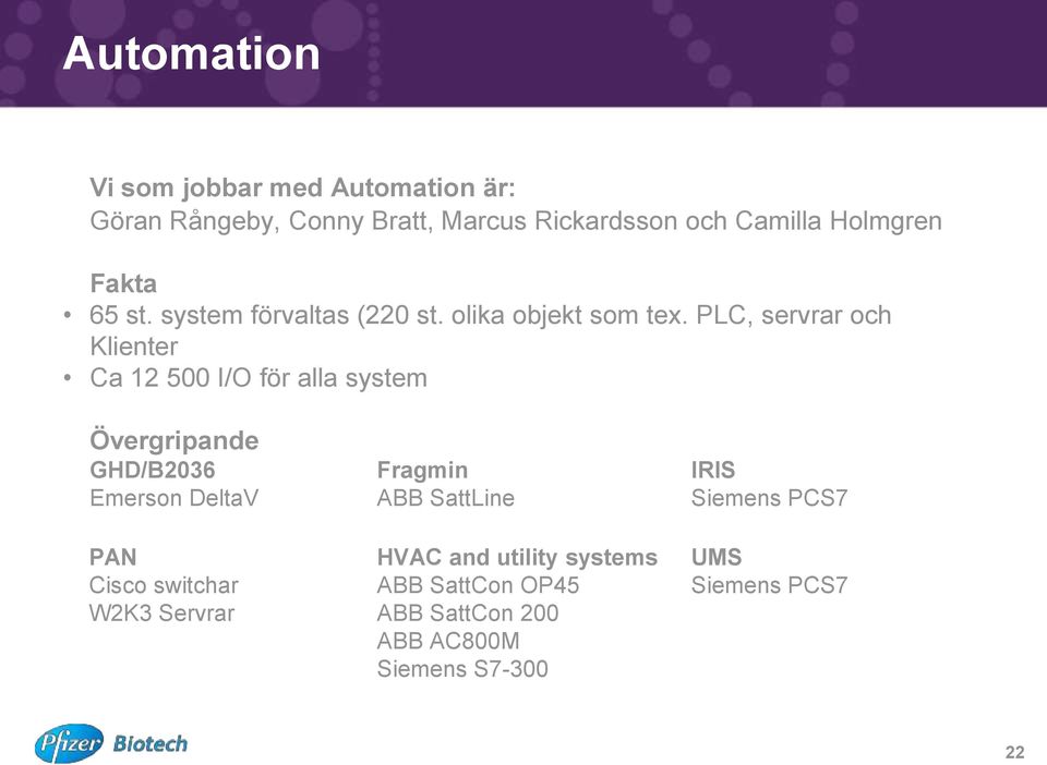 PLC, servrar och Klienter Ca 12 500 I/O för alla system Övergripande GHD/B2036 Fragmin IRIS Emerson DeltaV ABB