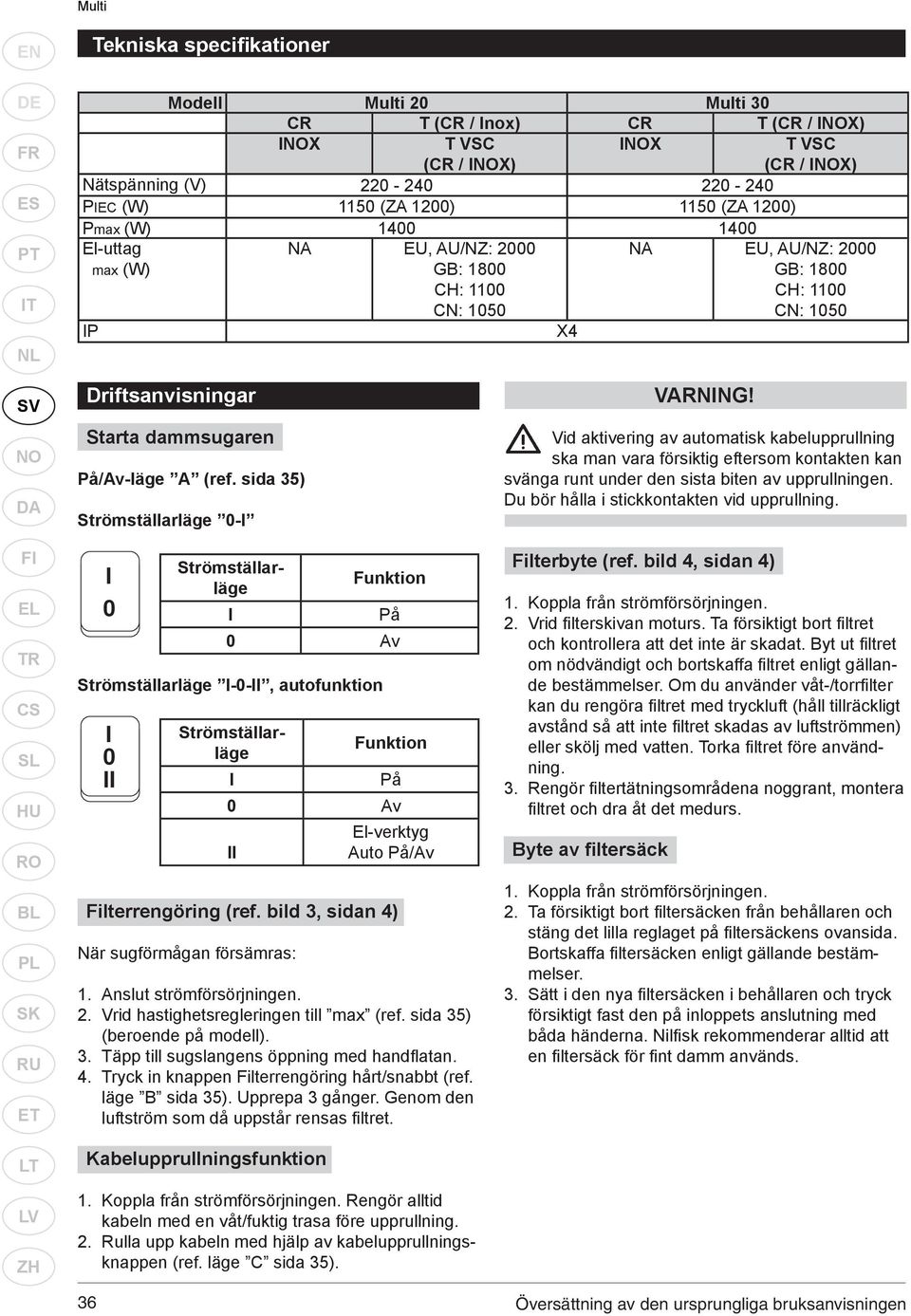 SK RU ET LT LV ZH Driftsanvisningar Starta dammsugaren På/Av-läge A (ref.