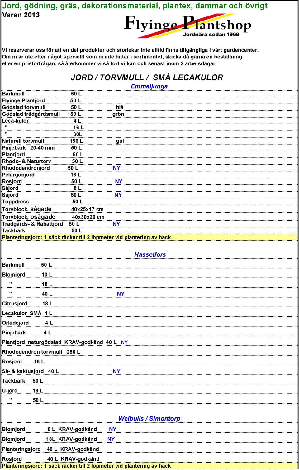 JORD / TORVMULL / SMÅ LECAKULOR Emmaljunga Barkmull Flyinge Plantjord Gödslad torvmull blå Gödslad trädgårdsmull 1 grön Leca-kulor 4 L " 16 L " 30L Naturell torvmull 1 gul Pinjebark 20-40 mm