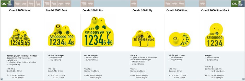 Storlek: 70 x 57 mm För gris På grund av formen är detta märket enbart anpassat till smågris - officiella märken Vikt: 4 g Storlek: 38 x 36 mm För får, gris och ren - officiella märken Vikt: 3,7 g