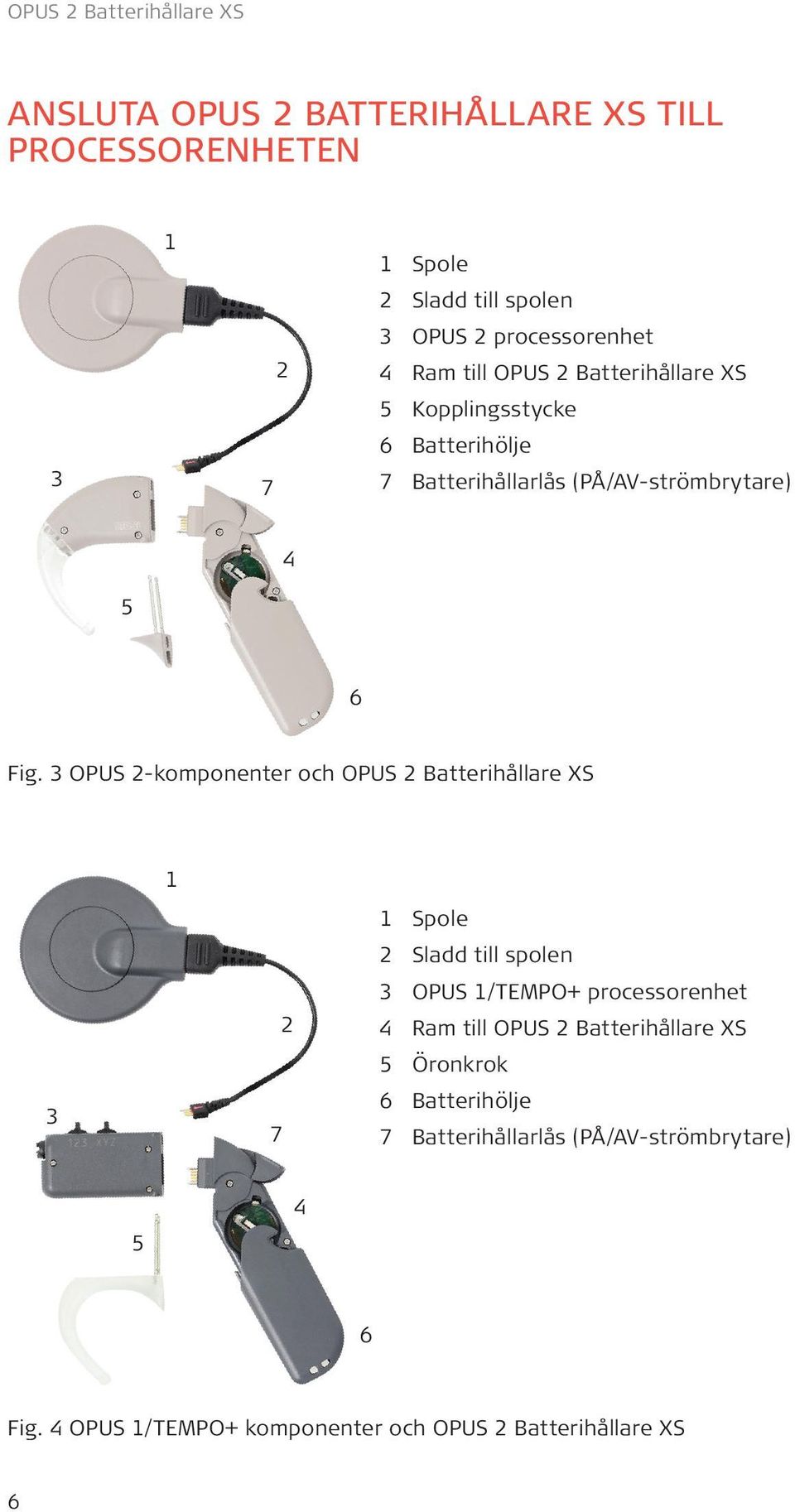 3 OPUS 2-komponenter och OPUS 2 Batterihållare XS 3 1 7 2 1 Spole 2 Sladd till spolen 3 OPUS 1/TEMPO+ processorenhet 4 Ram till OPUS 2