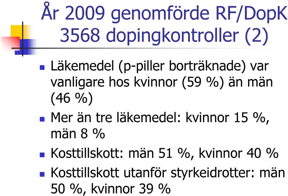 %) Mer än tre läkemedel: kvinnor 15 %, män 8 % Kosttillskott: män 51