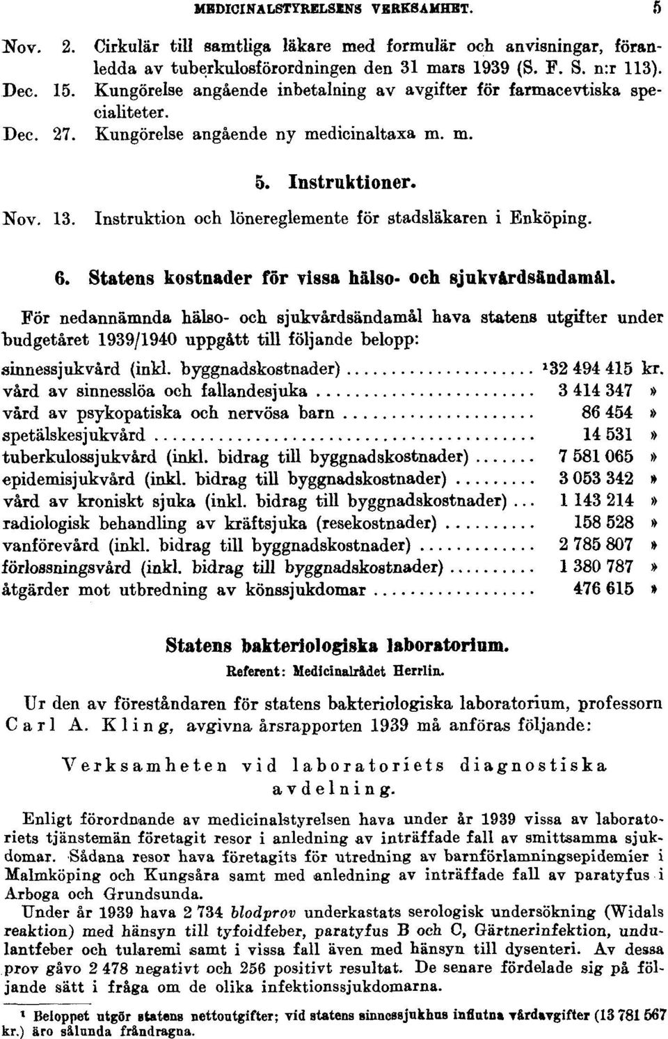 Instruktion och lönereglemente för stadsläkaren i Enköping. 6. Statens kostnader för vissa hälso- och sjukvårdsändamål.