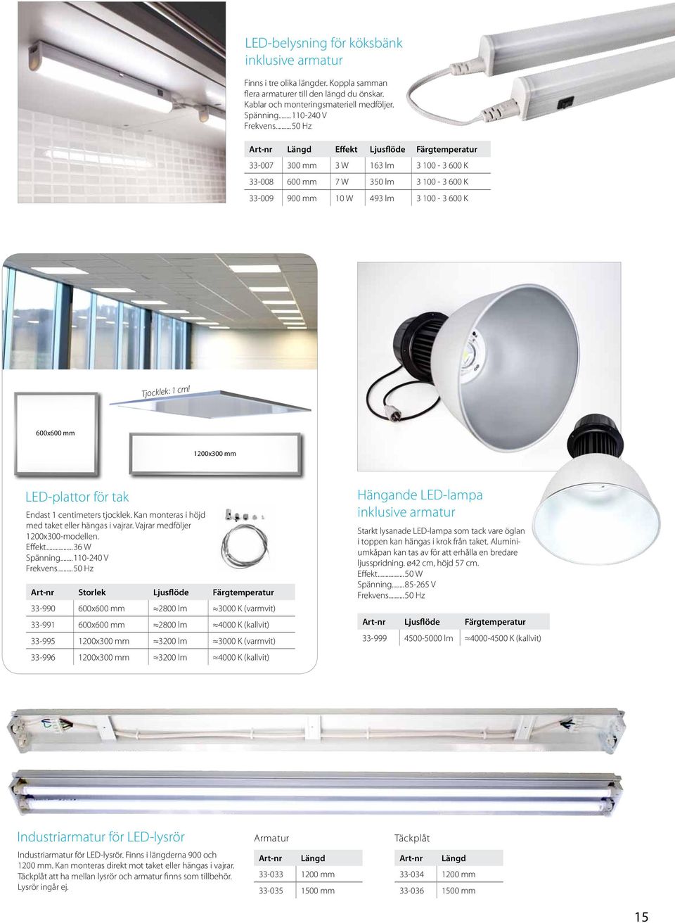 600x600 mm 1200x300 mm LED-plattor för tak Endast 1 centimeters tjocklek. Kan monteras i höjd med taket eller hängas i vajrar. Vajrar medföljer 1200x300-modellen. Effekt...36 W Spänning.