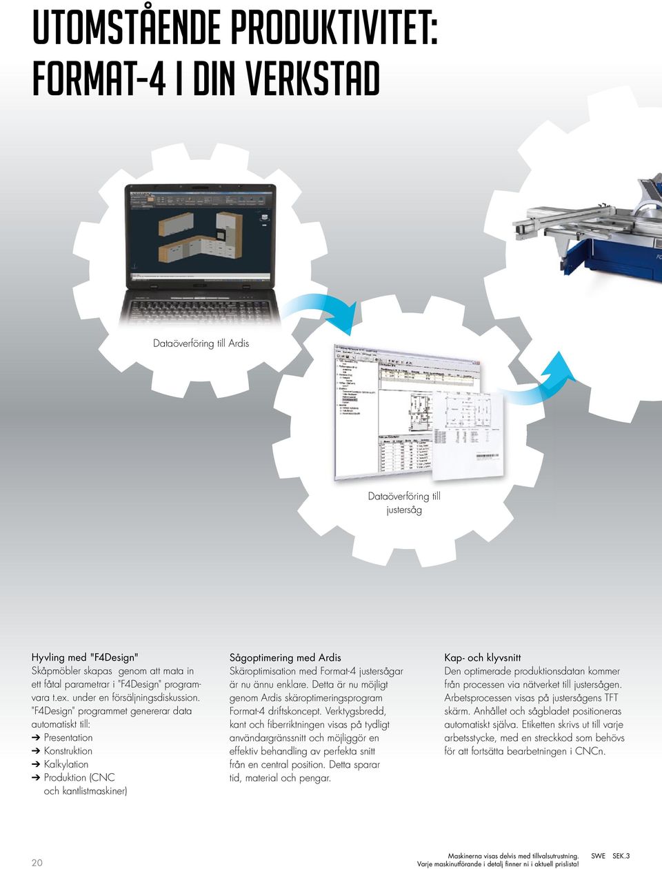 "F4Design" programmet genererar data automatiskt till: Presentation Konstruktion Kalkylation Produktion (CNC och kantlistmaskiner) Sågoptimering med Ardis Skäroptimisation med Format-4 justersågar är