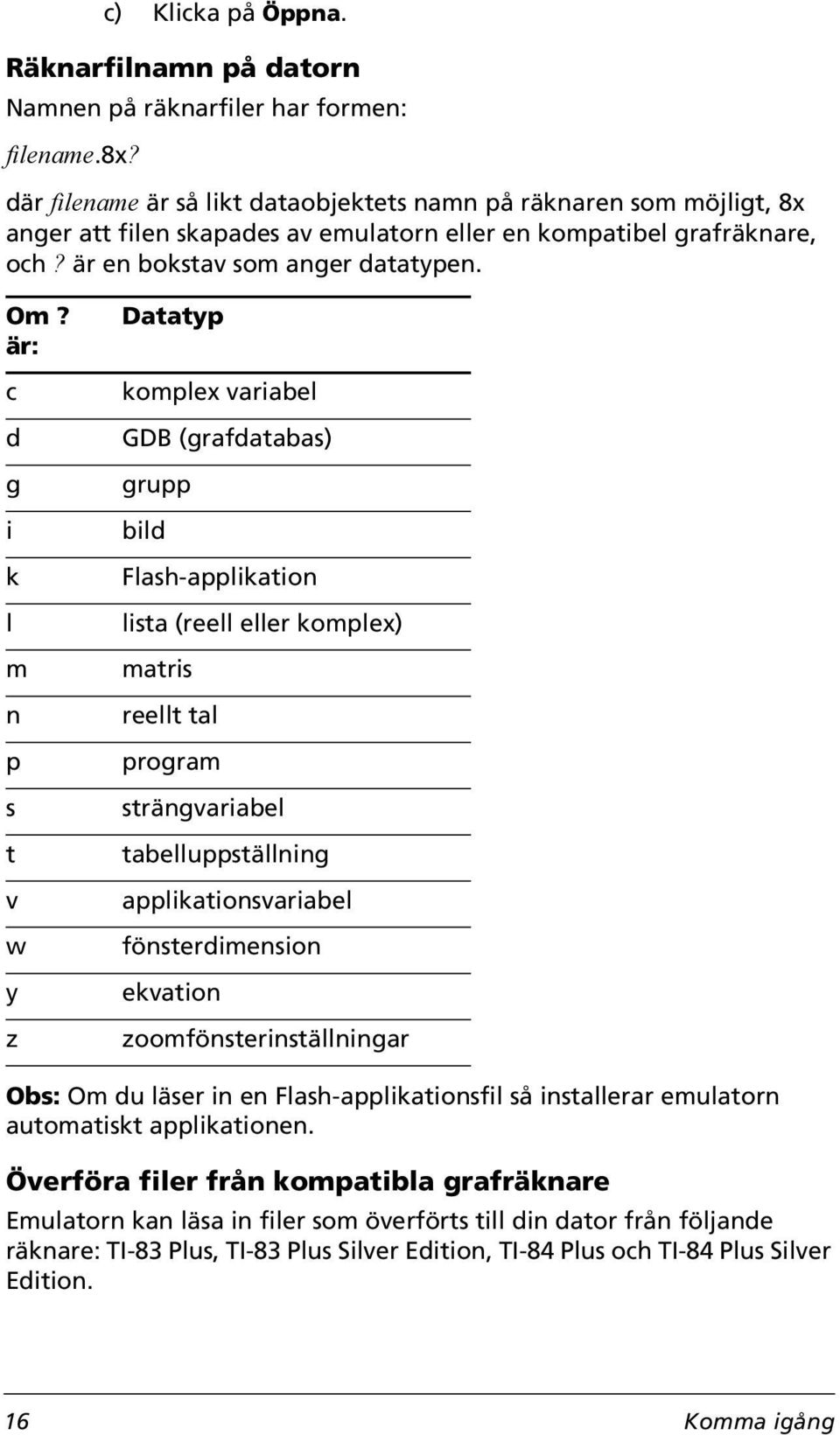är: c d g i k l m n p s t v w y z Datatyp komplex variabel GDB (grafdatabas) grupp bild Flash-applikation lista (reell eller komplex) matris reellt tal program strängvariabel tabelluppställning