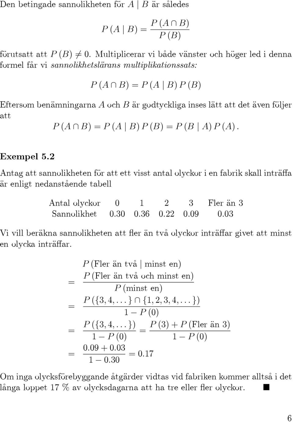 B)=P( B)P(B)=P(B )P(). Exempel 5.2 ntag att sannolikheten för att ett visst antal olyckor i en fabrik skall inträffa är enligt nedanstående tabell ntal olyckor 0 1 2 3 Fler än 3 Sannolikhet 0.30 0.