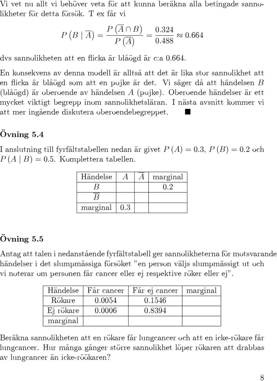 Vi säger då att händelsen B (blåögd) är oberoende av händelsen (pojke). Oberoende händelser är ett mycket viktigt begrepp inom sannolikhetsläran.