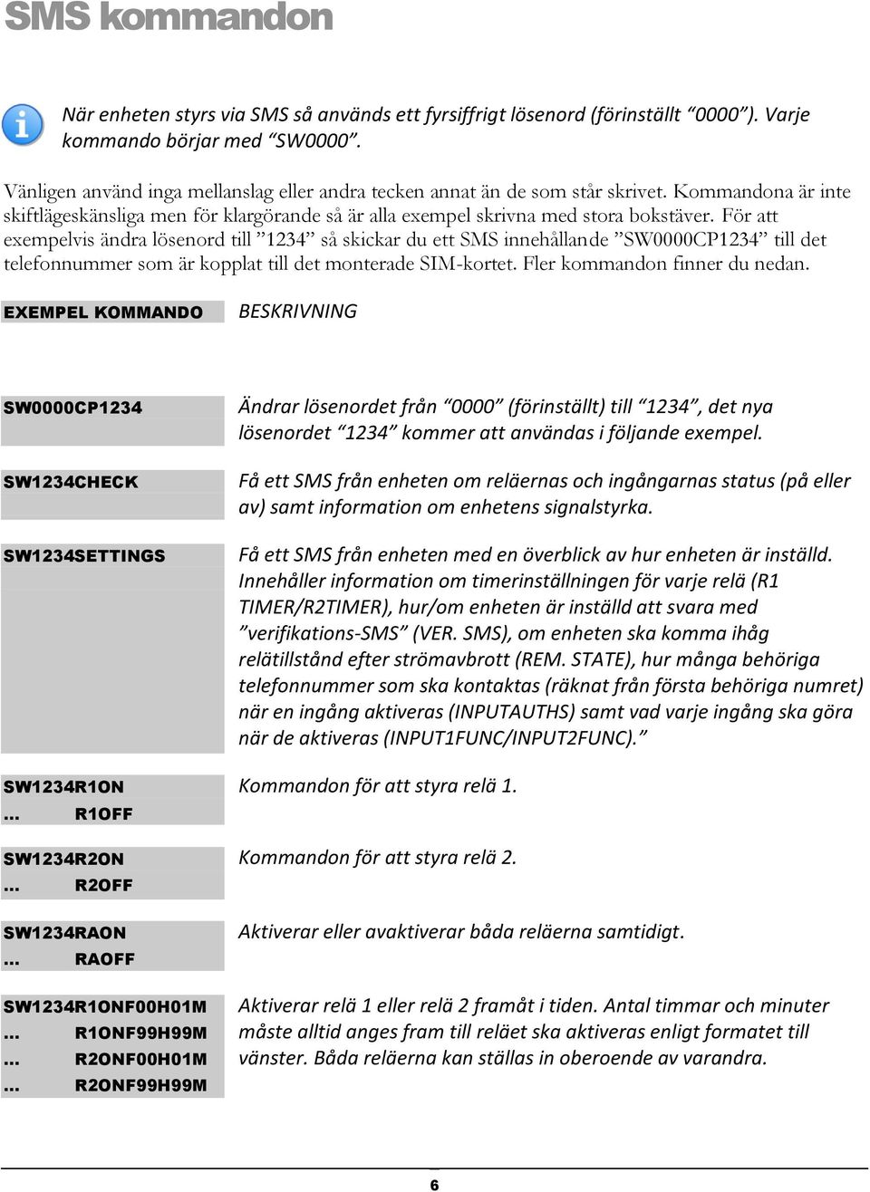 För att exempelvis ändra lösenord till 1234 så skickar du ett SMS innehållande SW0000CP1234 till det telefonnummer som är kopplat till det monterade SIM-kortet. Fler kommandon finner du nedan.