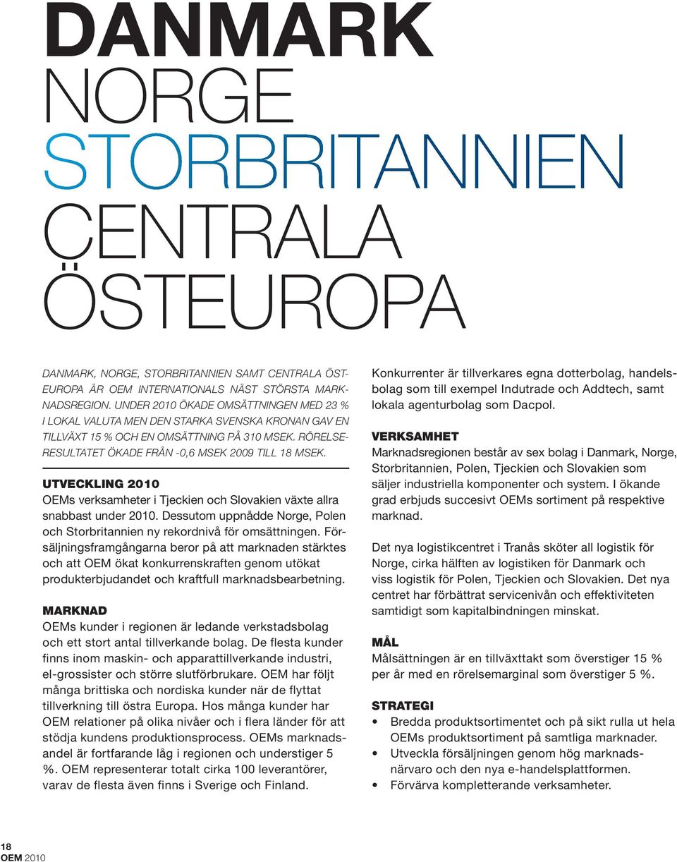 UTVECKLING 2010 OEMs verksamheter i Tjeckien och Slovakien växte allra snabbast under 2010. Dessutom uppnådde Norge, Polen och Storbritannien ny rekordnivå för omsättningen.