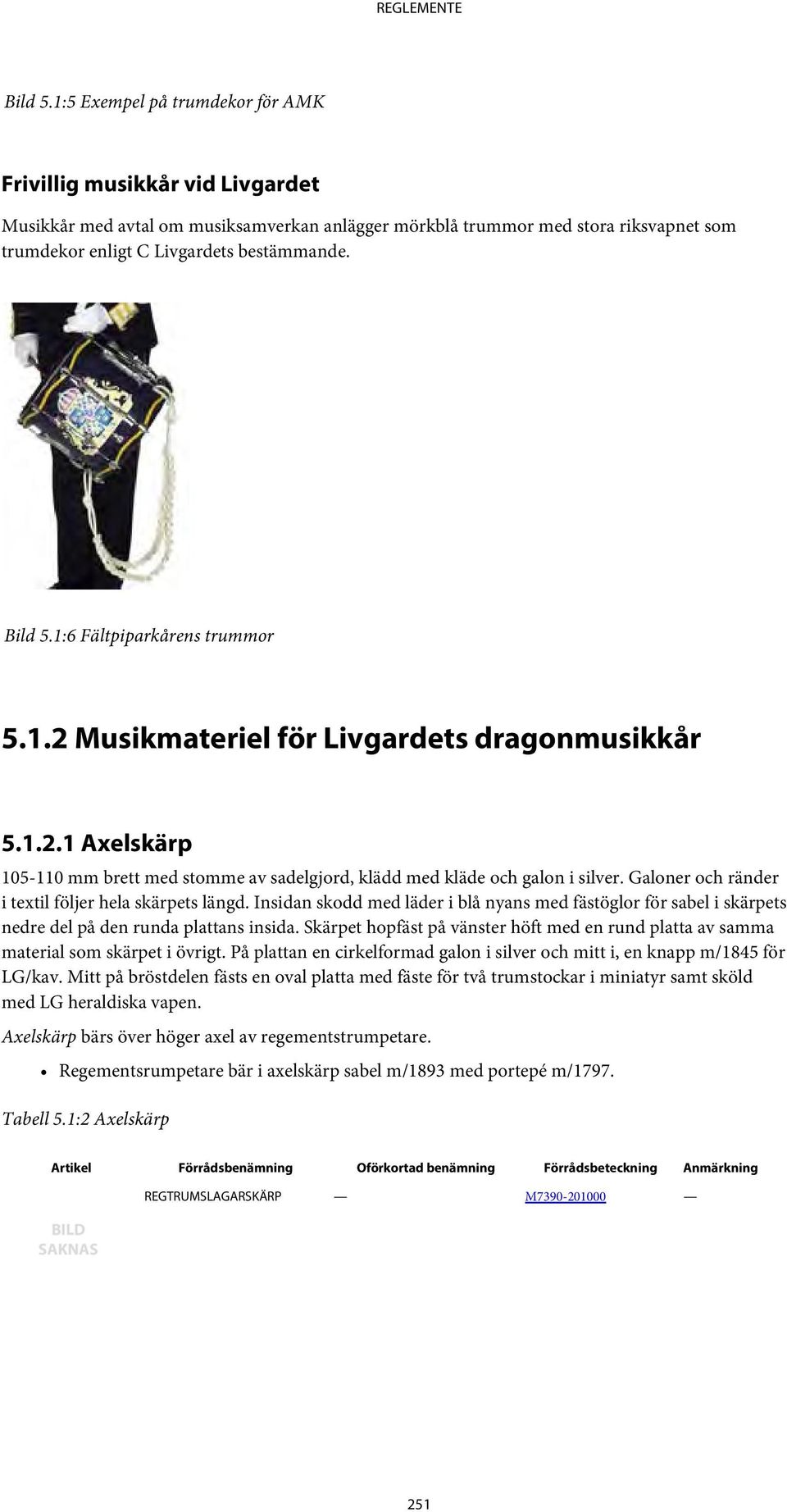 1:6 Fältpiparkårens trummor 5.1.2 Musikmateriel för Livgardets dragonmusikkår 5.1.2.1 Axelskärp 105-110 mm brett med stomme av sadelgjord, klädd med kläde och galon i silver.
