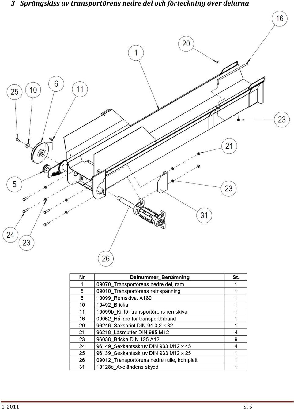 transportörband 1 20 96246_Saxsprint DIN 94 3,2 x 32 1 21 96218_Låsmutter DIN 985 M12 4 23 96058_Bricka DIN 125 A12 9 24