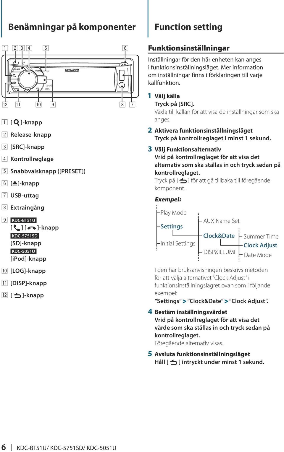 w q p 1 [ ]-knapp 2 Release-knapp 3 [SRC]-knapp 4 Kontrollreglage 5 Snabbvalsknapp ([PRESET]) 6 [0]-knapp 7 USB-uttag 8 Extraingång 9 9 KDC-BT51U [ ] [ ]-knapp KDC-5751SD [SD]-knapp KDC-5051U