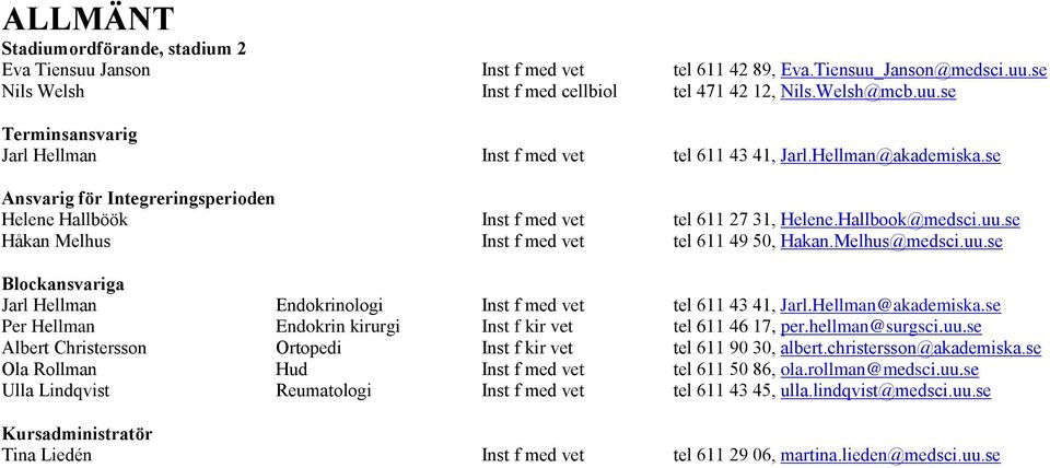 se Håkan Melhus Inst f med vet tel 611 49 50, Hakan.Melhus@medsci.uu.se Blockansvariga Jarl Hellman Endokrinologi Inst f med vet tel 611 43 41, Jarl.Hellman@akademiska.