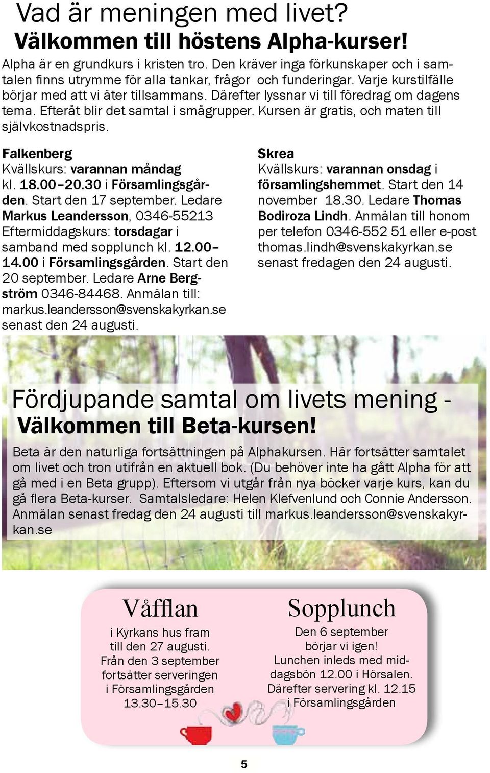 Falkenberg Kvällskurs: varannan måndag kl. 18.00 20.30 i Församlingsgården. Start den 17 september. Ledare Markus Leandersson, 0346-55213 Eftermiddagskurs: torsdagar i samband med sopplunch kl. 12.