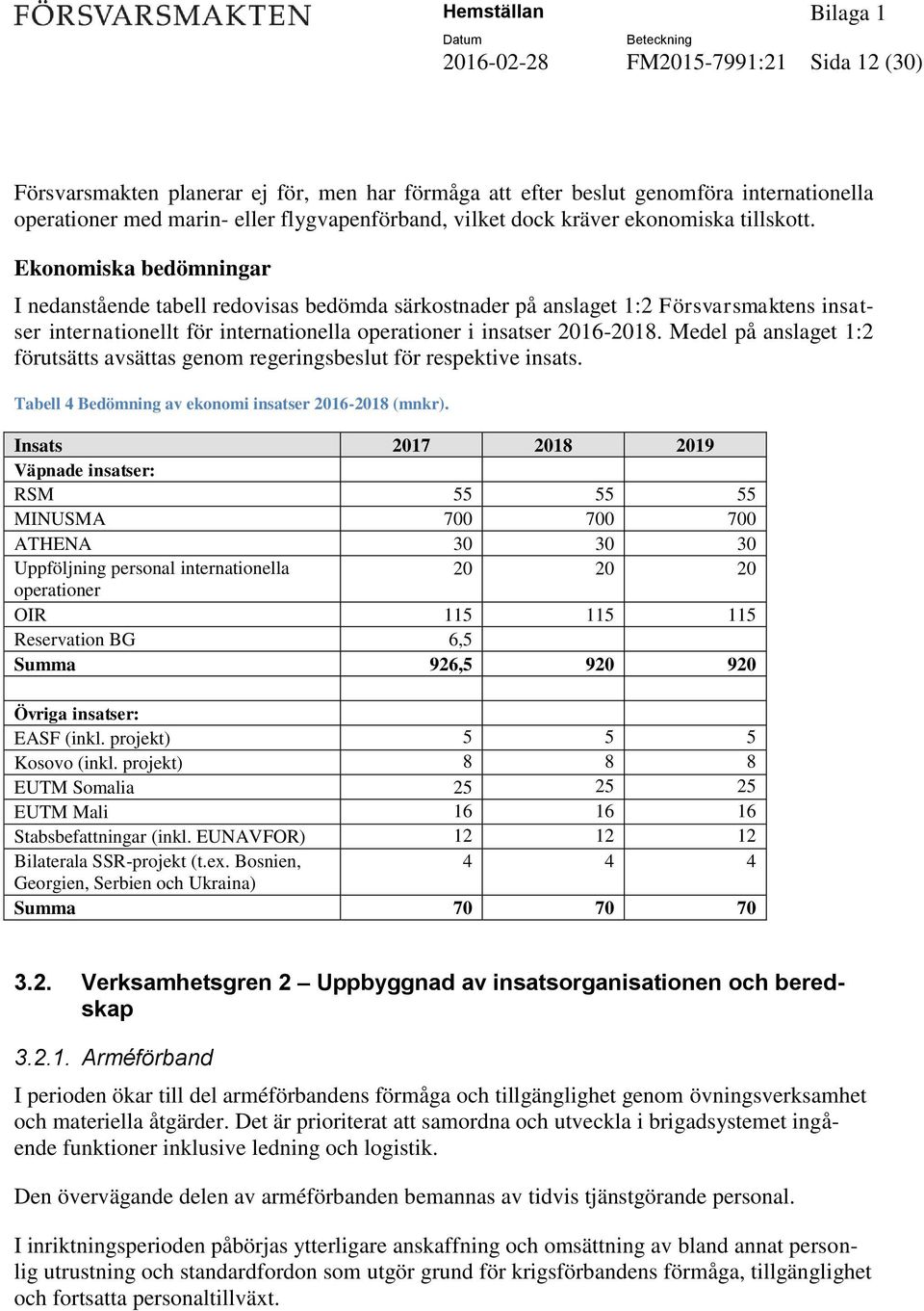 Ekonomiska bedömningar I nedanstående tabell redovisas bedömda särkostnader på anslaget 1:2 Försvarsmaktens insatser internationellt för internationella operationer i insatser 2016-2018.