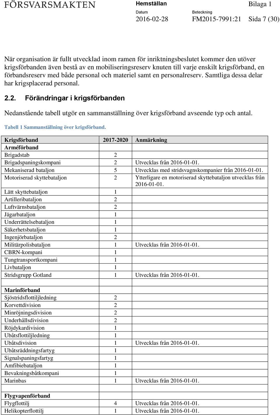 2. Förändringar i krigsförbanden Nedanstående tabell utgör en sammanställning över krigsförband avseende typ och antal. Tabell 1 Sammanställning över krigsförband.