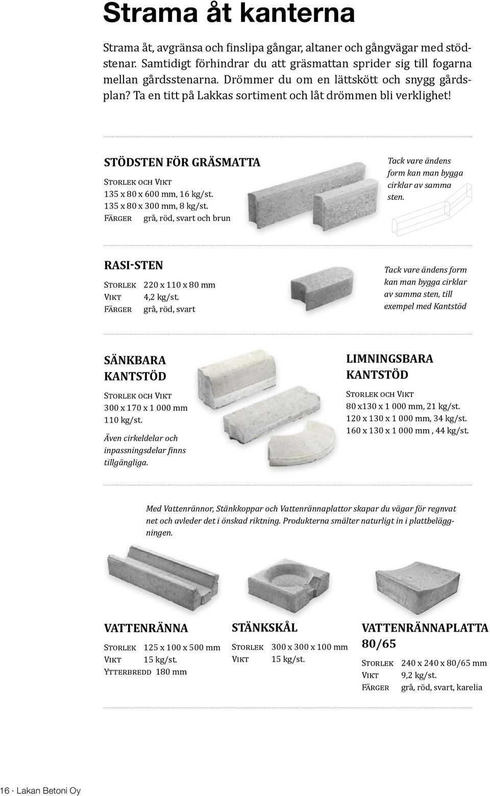 135 x 80 x 300 mm, 8 kg/st. Färger grå, röd, svart och brun Tack vare ändens form kan man bygga cirklar av samma sten. RASI-STEN Storlek 220 x 110 x 80 mm Vikt 4,2 kg/st.