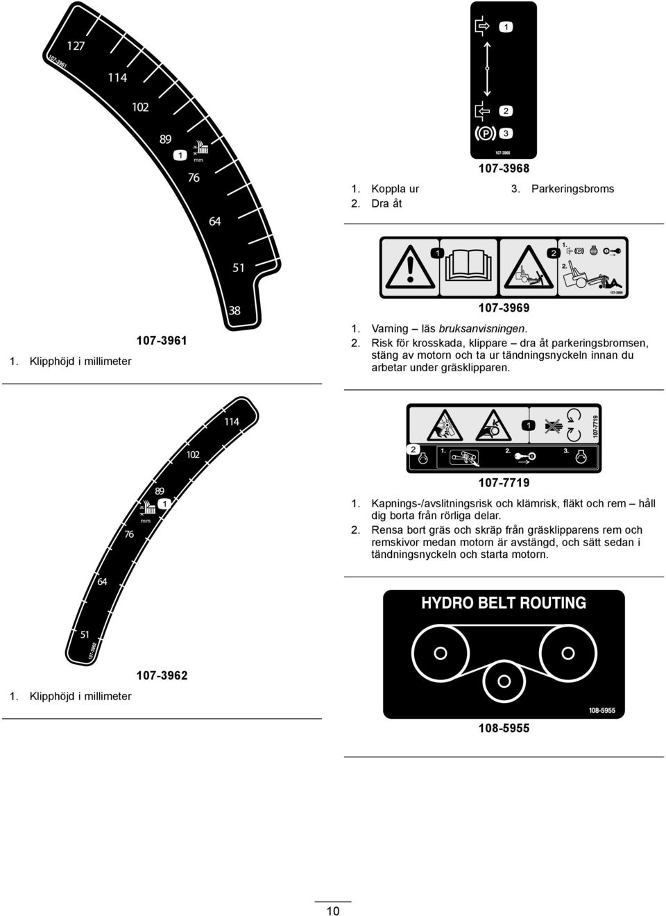 Risk för krosskada, klippare dra åt parkeringsbromsen, stäng av motorn och ta ur tändningsnyckeln innan du arbetar under gräsklipparen.