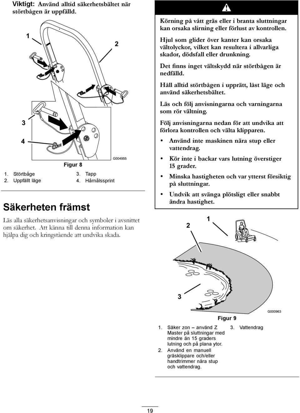 Körning på vått gräs eller i branta sluttningar kan orsaka slirning eller förlust av kontrollen.