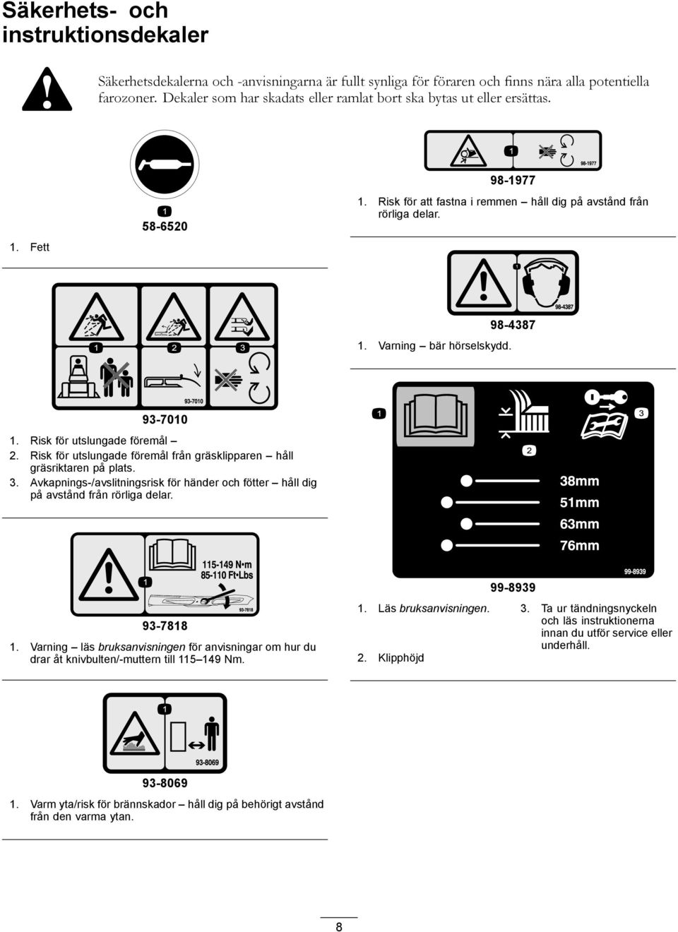 98-4387 93-7010 1. Risk för utslungade föremål 2. Risk för utslungade föremål från gräsklipparen håll gräsriktaren på plats. 3.