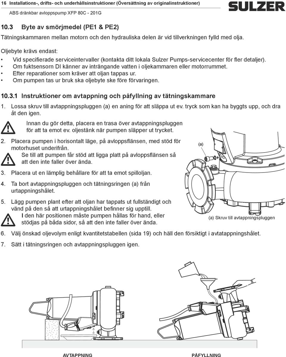 Oljebyte krävs endast: Vid specifierade serviceintervaller (kontakta ditt lokala Sulzer Pumpsservicecenter för fler detaljer).