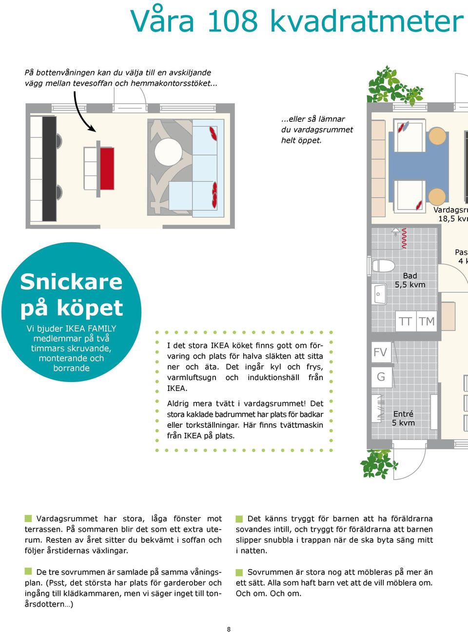 och äta. Det ingår kyl och frys, varmluftsugn och induktionshäll från IKEA. FV G G Bad 5,5 kvm TT TM Pass 4 k K Aldrig mera tvätt i vardagsrummet!