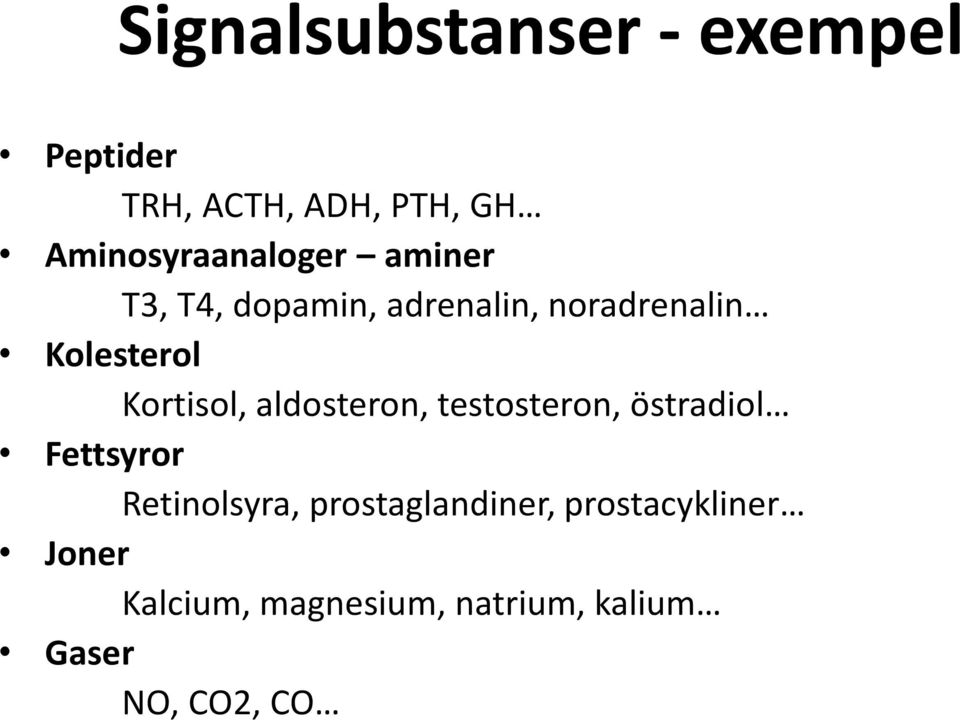 Kolesterol Kortisol, aldosteron, testosteron, östradiol Fettsyror