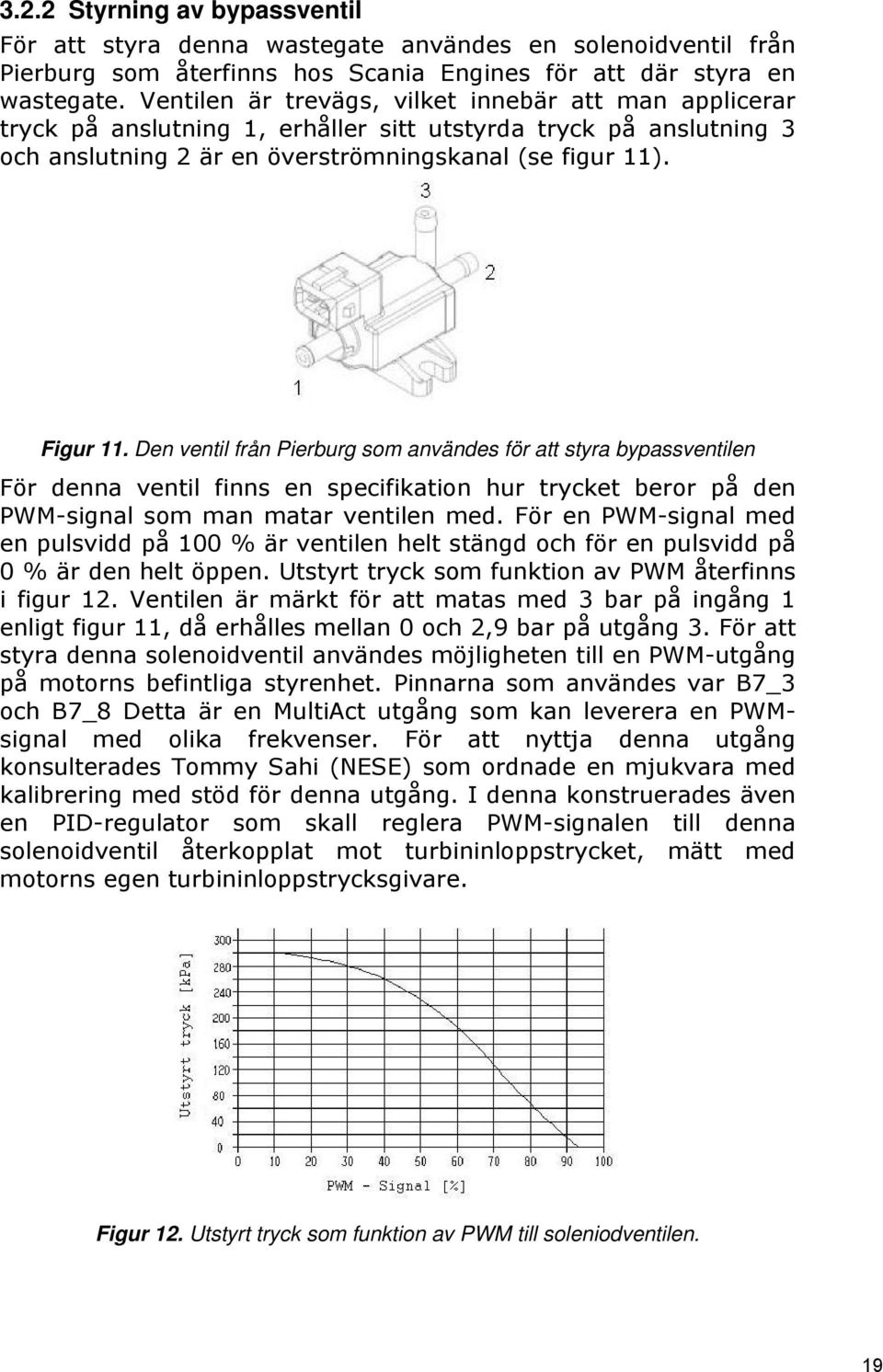 Den ventil från Pierburg som användes för att styra bypassventilen För denna ventil finns en specifikation hur trycket beror på den PWM-signal som man matar ventilen med.