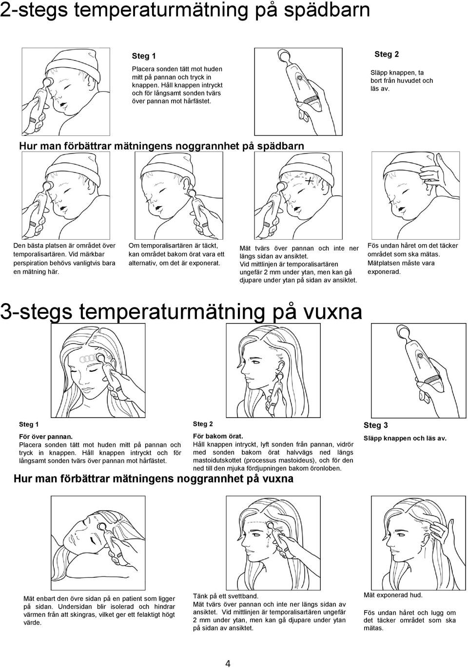 Vid märkbar perspiration behövs vanligtvis bara en mätning här. Om temporalisartären är täckt, kan området bakom örat vara ett alternativ, om det är exponerat.