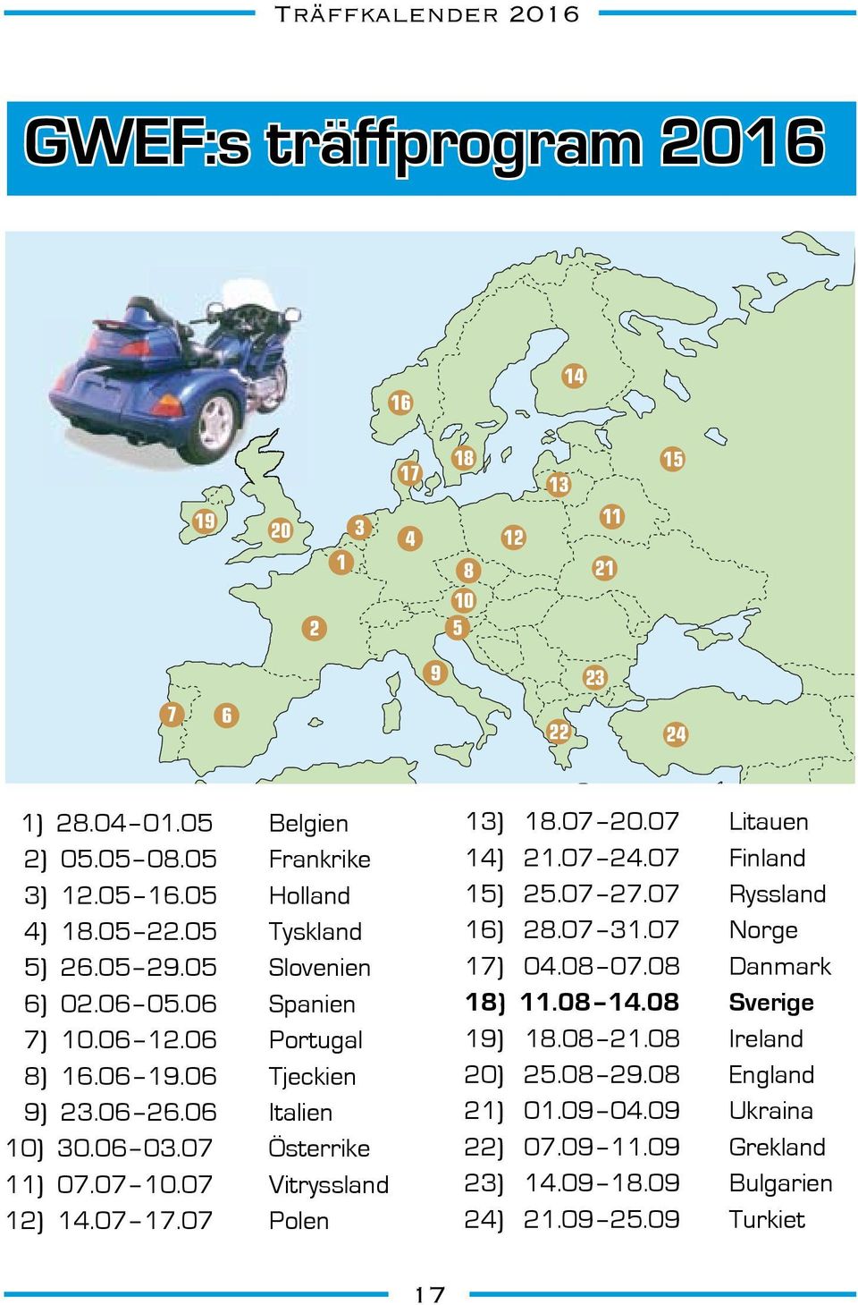 07 Österrike 11) 07.07 10.07 Vitryssland 12) 14.07 17.07 Polen 13) 18.07 20.07 Litauen 14) 21.07 24.07 Finland 15) 25.07 27.07 Ryssland 16) 28.07 31.07 Norge 17) 04.08 07.