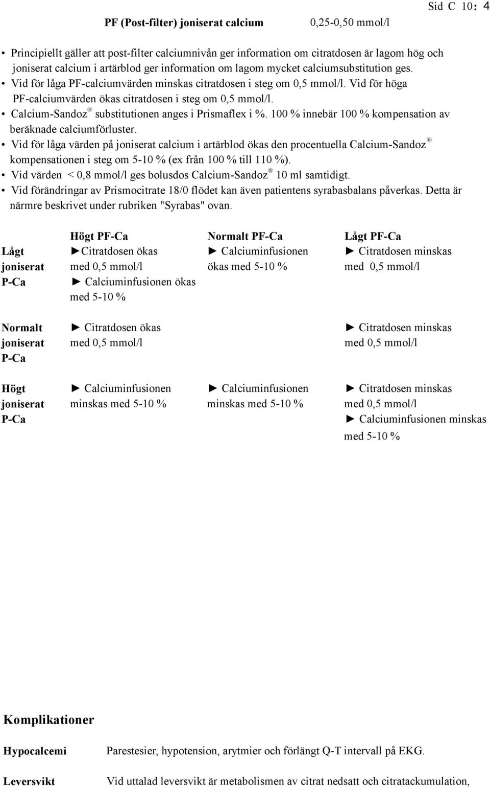 Calcium-Sandoz substitutionen anges i Prismaflex i %. 100 % innebär 100 % kompensation av beräknade calciumförluster.