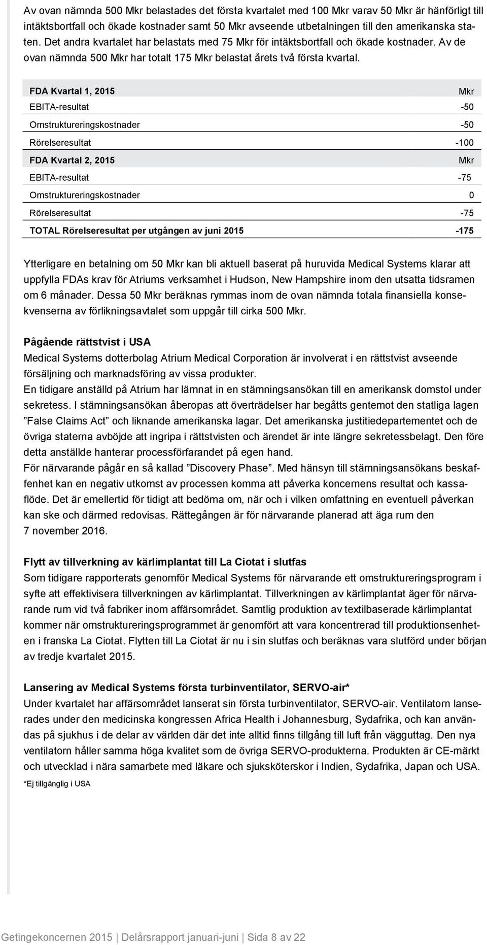 FDA Kvartal 1, EBITA-resultat -5 Omstruktureringskostnader -5 Rörelseresultat -1 FDA Kvartal 2, EBITA-resultat -75 Omstruktureringskostnader Rörelseresultat -75 TOTAL Rörelseresultat per utgången av