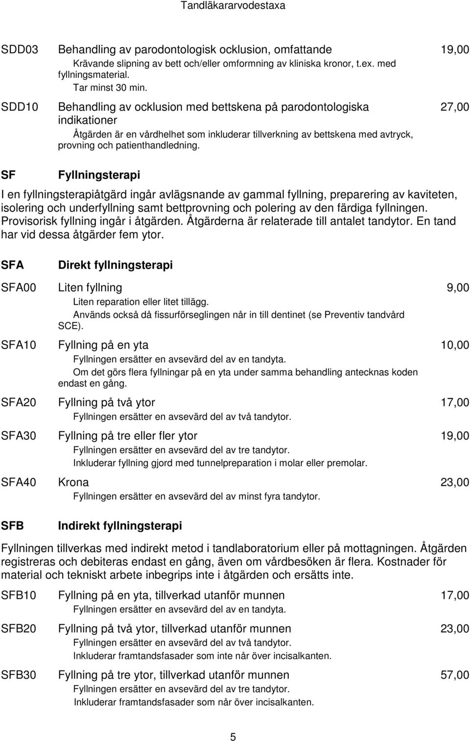 19,00 27,00 SF Fyllningsterapi I en fyllningsterapiåtgärd ingår avlägsnande av gammal fyllning, preparering av kaviteten, isolering och underfyllning samt bettprovning och polering av den färdiga