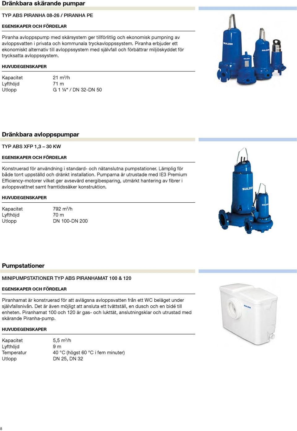 Kapacitet 21 m 3 /h 71 m Utlopp G 1 ¼ / DN 32-DN 50 Dränkbara avloppspumpar TYP ABS XFP 1,3 30 KW Konstruerad för användning i standard- och nätanslutna pumpstationer.