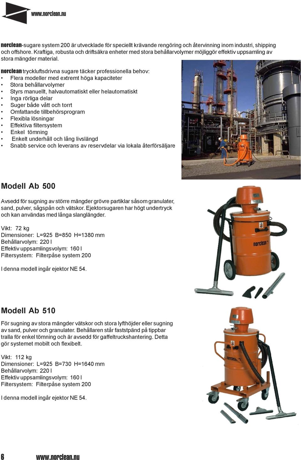 norclean tryckluftsdrivna sugare täcker professionella behov: Flera modeller med extremt höga kapaciteter Stora behållarvolymer Styrs manuellt, halvautomatiskt eller helautomatiskt Inga rörliga delar