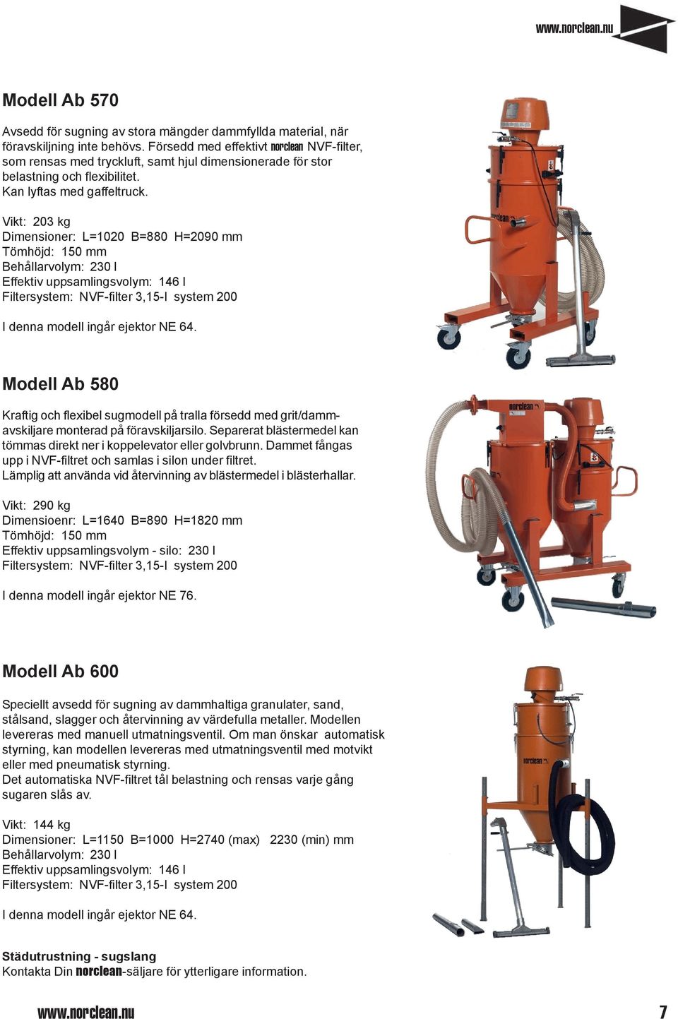 Vikt: 203 kg Dimensioner: L=1020 B=880 H=2090 mm Tömhöjd: 150 mm Behållarvolym: 230 l Effektiv uppsamlingsvolym: 146 l Filtersystem: NVF-filter 3,15-I system 200 I denna modell ingår ejektor NE 64.