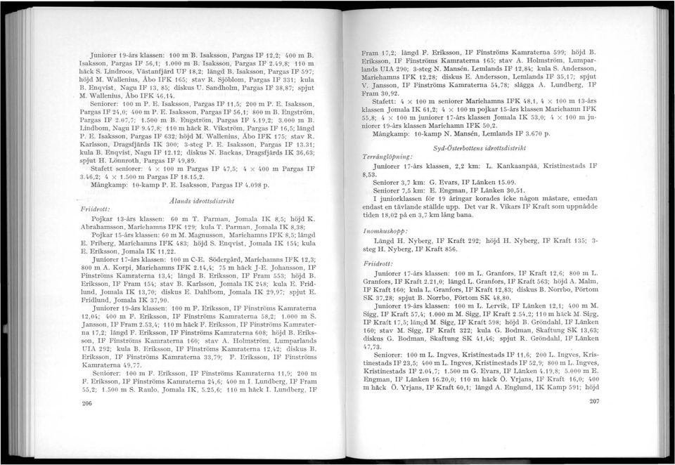 Seniorer: 100 m P. E. Isaksson, Pargas IF 11,5; 200 m P. E. Isaksson, Pargas IF 2l.,0; 400 m P. E. Isaksson, Pargas IF 56,1; 800 m B. Engström, Pargas IF 2.07,7; 1.500 m B. Engström, Pargas IF 4.