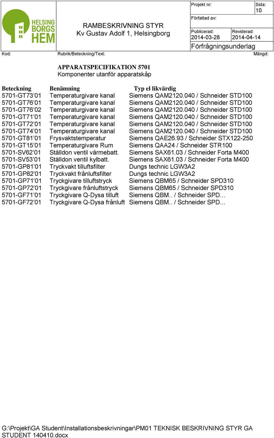 040 / Schneider STD100 5701-GT71 01 Temperaturgivare kanal Siemens QAM2120.040 / Schneider STD100 5701-GT72 01 Temperaturgivare kanal Siemens QAM2120.