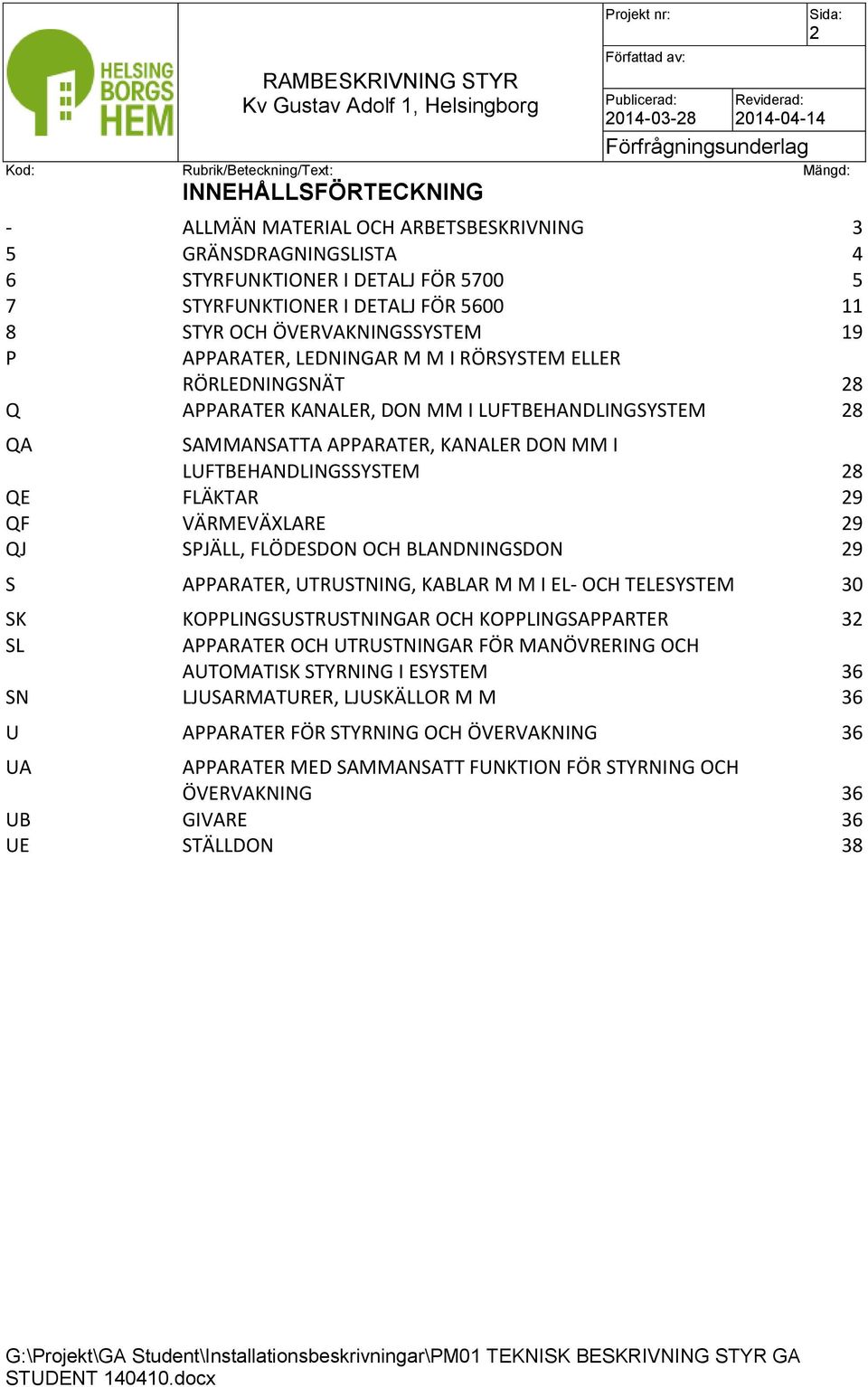 VÄRMEVÄXLARE 29 QJ SPJÄLL, FLÖDESDON OCH BLANDNINGSDON 29 S APPARATER, UTRUSTNING, KABLAR M M I EL- OCH TELESYSTEM 30 SK KOPPLINGSUSTRUSTNINGAR OCH KOPPLINGSAPPARTER 32 SL APPARATER OCH UTRUSTNINGAR