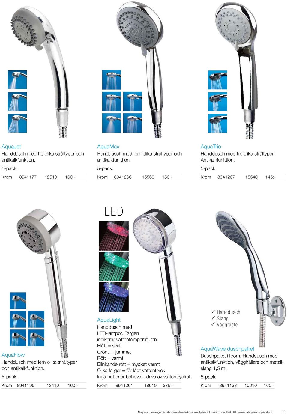 Krom 8941195 13410 160:- AquaLight Handdusch med LED-lampor. Färgen indikerar vattentemperaturen.