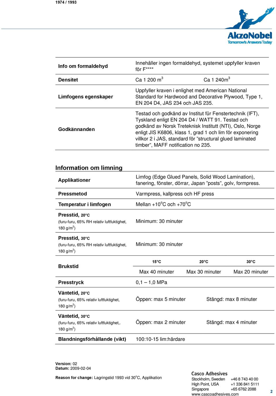 Testad och godkänd av Norsk Treteknisk Institutt (NTI), Oslo, Norge enligt JIS K6806, klass 1, grad 1 och lim för exponering villkor 2 i JAS, standard för structural glued laminated timber, MAFF